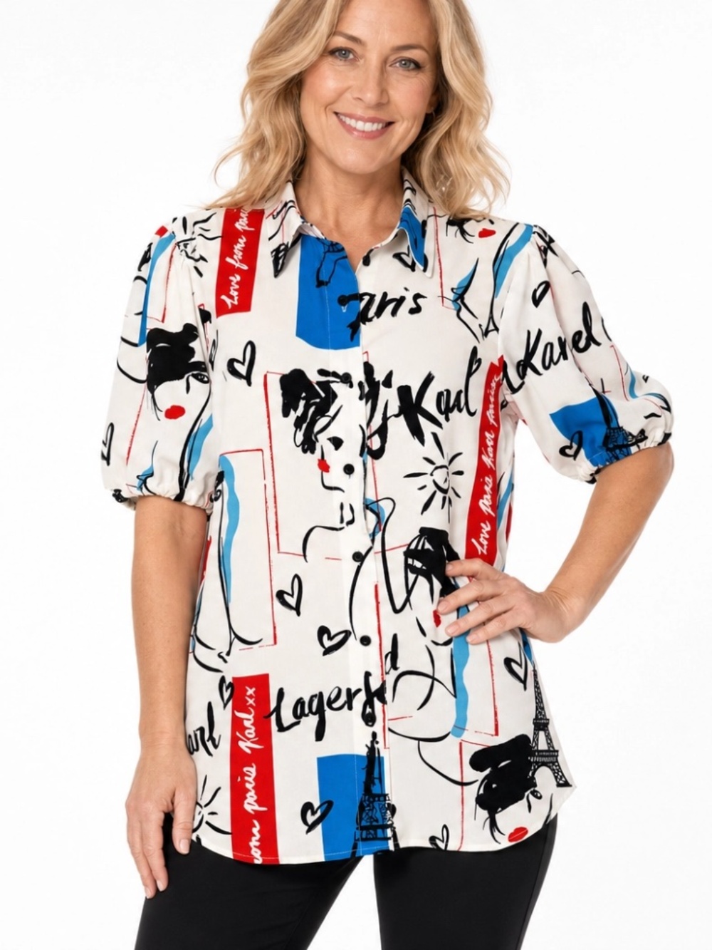Karl Lagerfeld Paris Artist Print Blouse Large Puff Sleeve Graphic Top NWOT